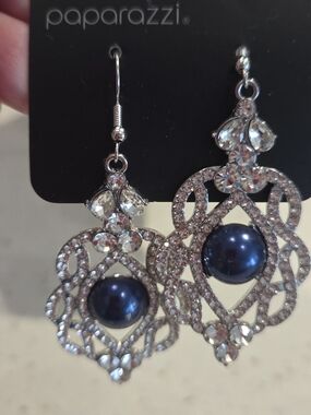 Paparazzi Silver Filigree Earrings with Navy Blue Pearl